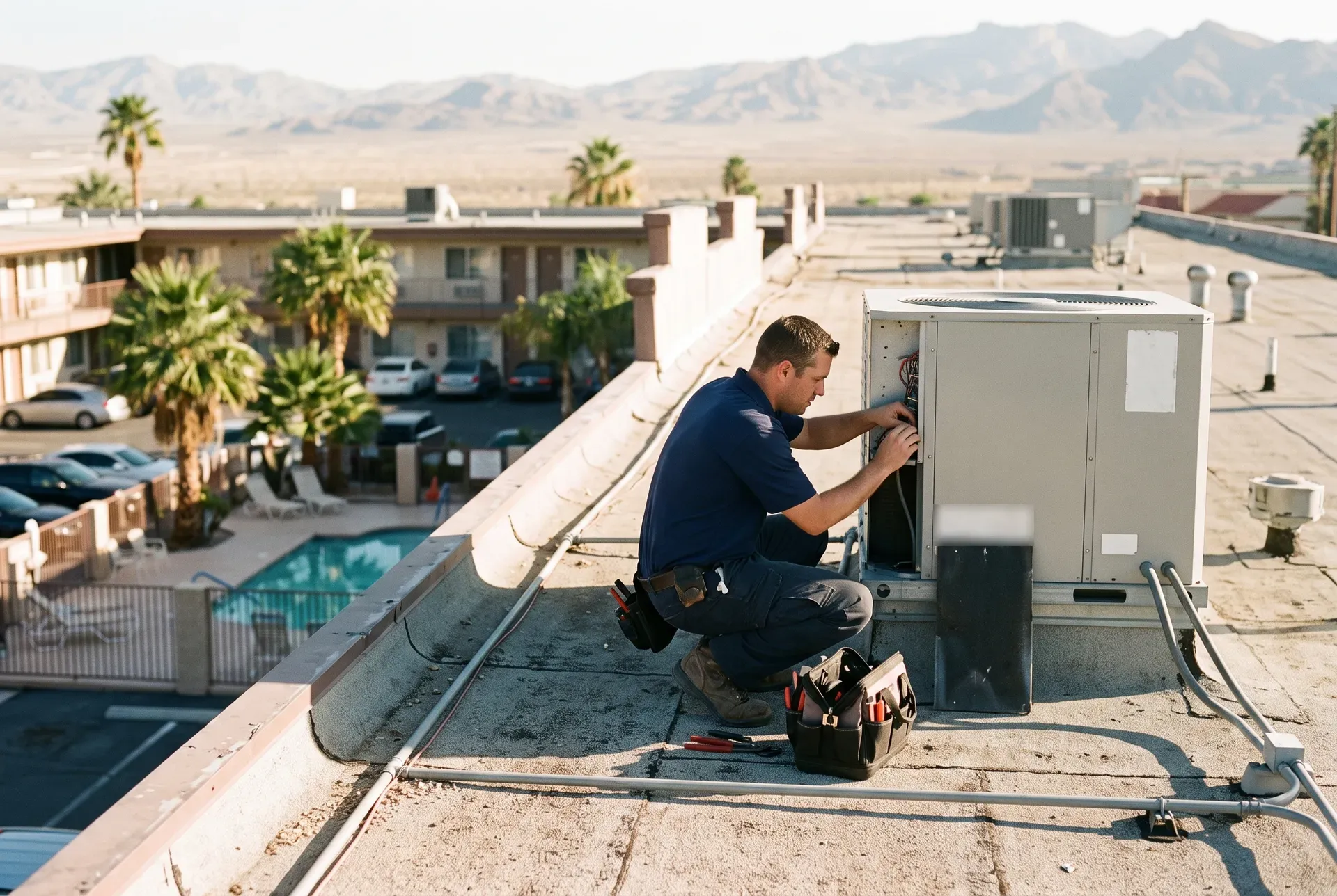 A Kestrel technician works on a packaged rooftop unit on a Las Vegas motel roof above the courtyard pool