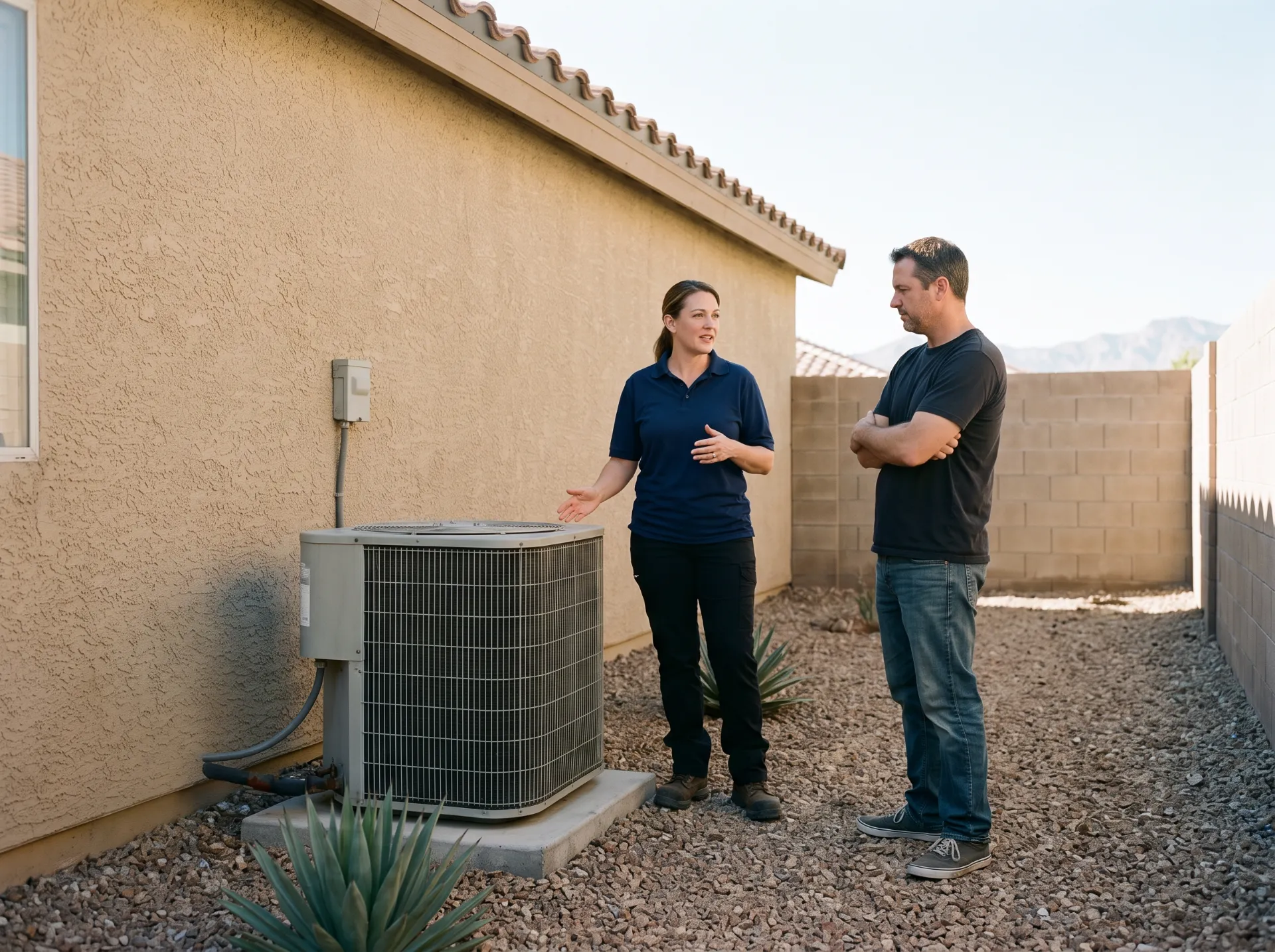 Comfort advisor talking with a homeowner beside the outdoor unit about replacement options