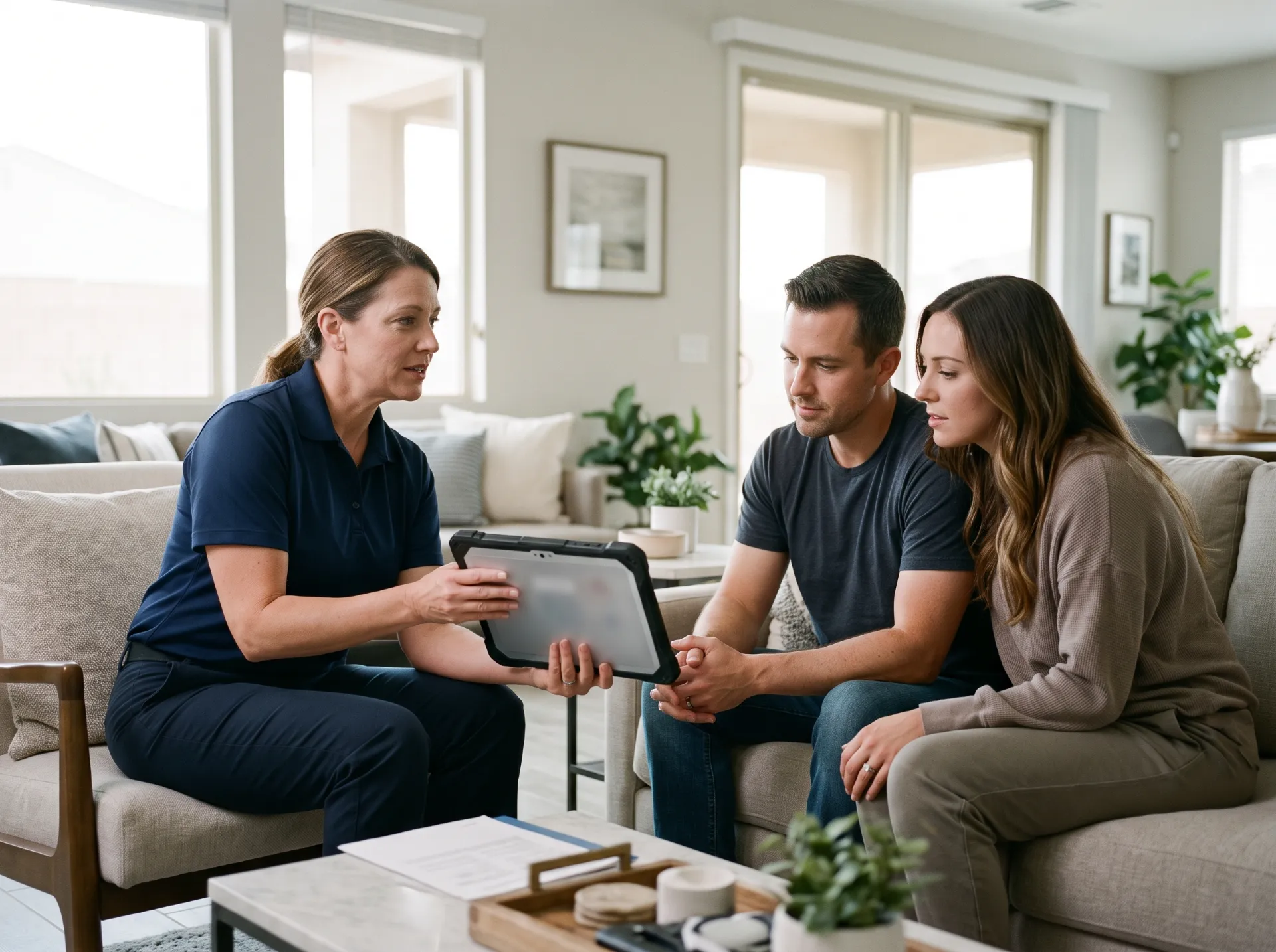 Comfort advisor showing homeowners heating and cooling system options in their Las Vegas living room