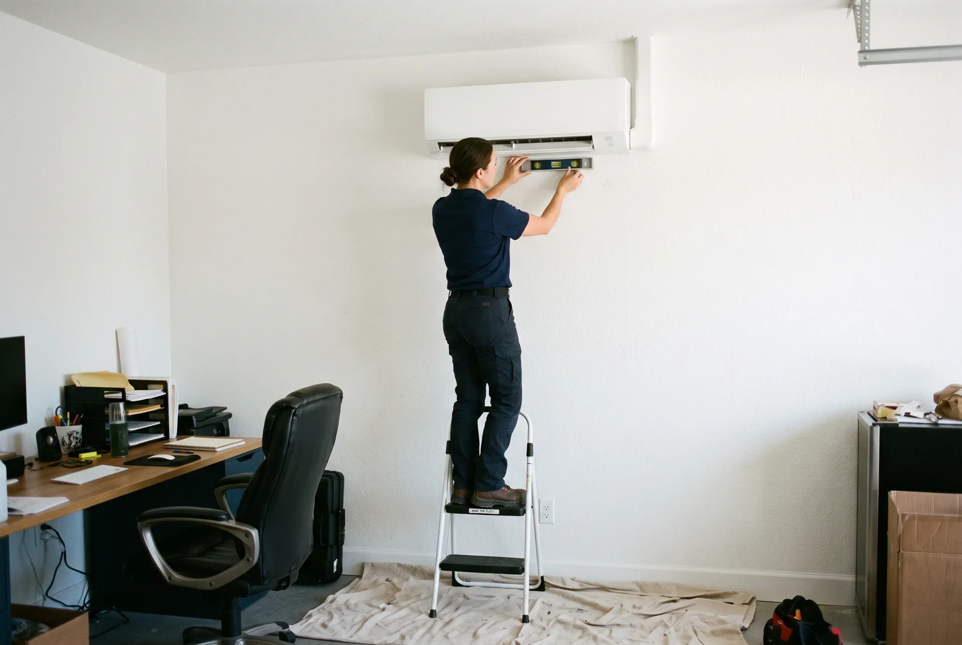 Technician leveling the indoor unit of a ductless mini-split on the wall of a garage office
