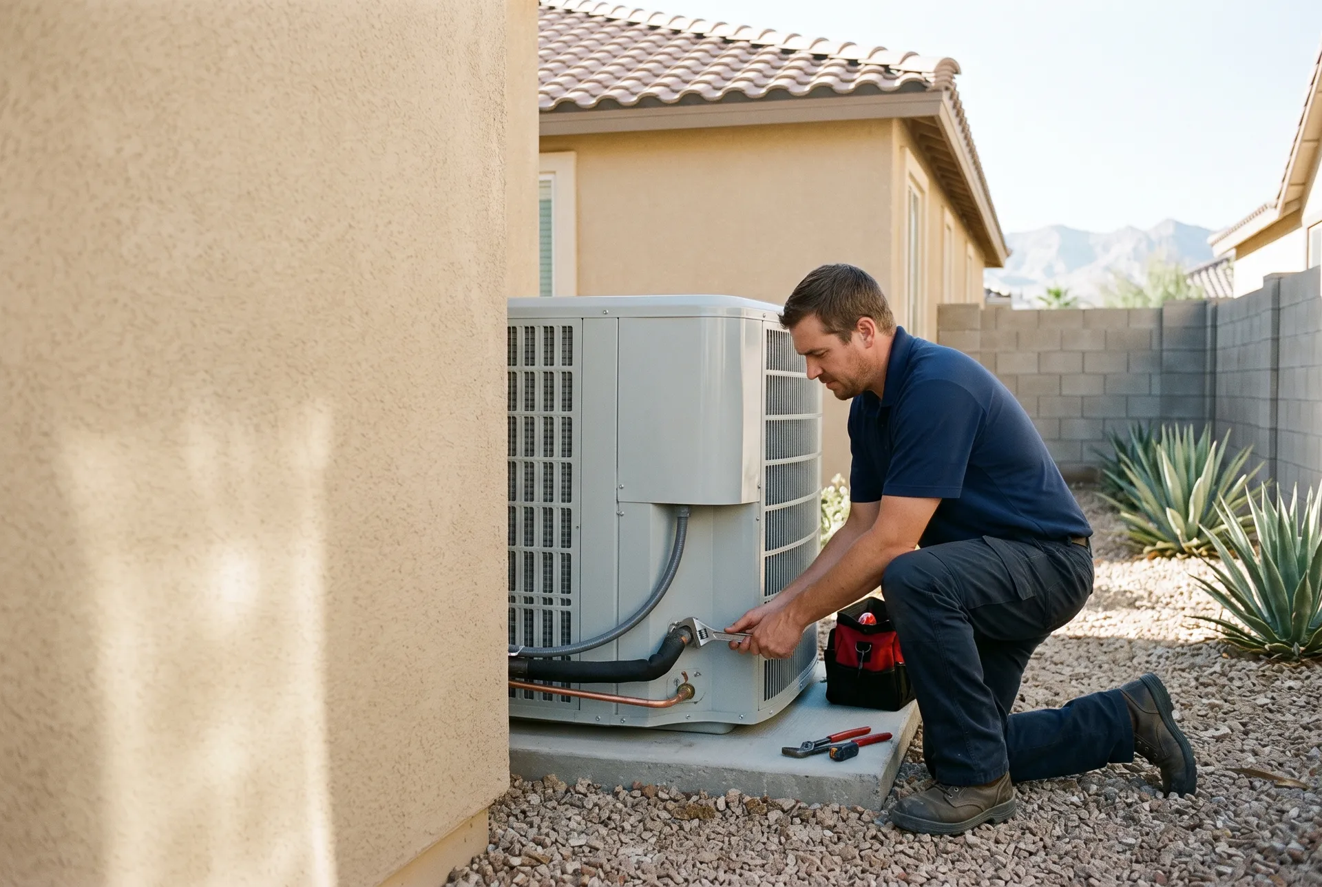 Technician connecting the refrigerant lines of a new heat pump outdoor unit beside a Las Vegas home