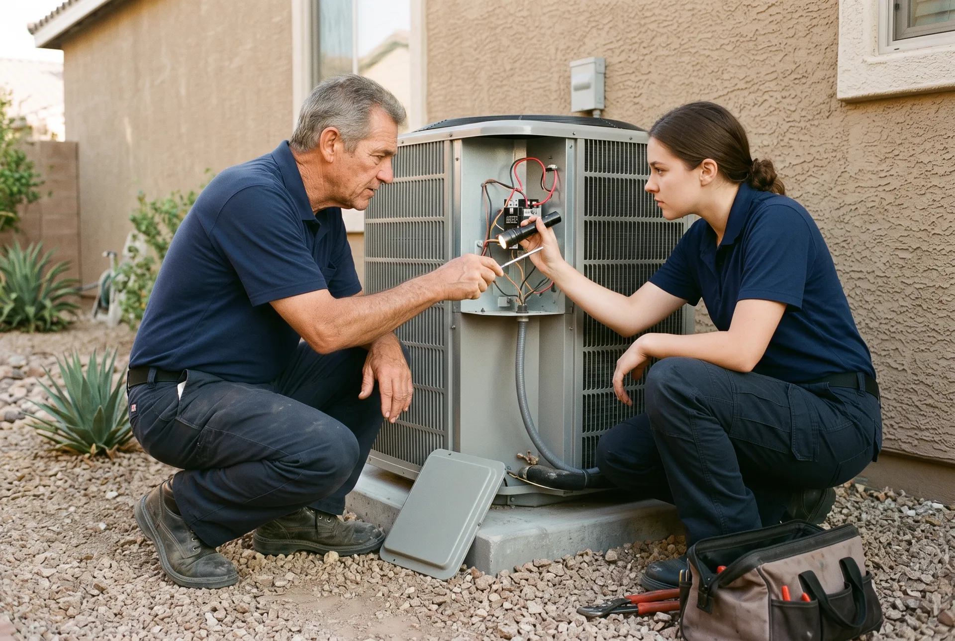 Senior technician showing an apprentice the electrical compartment of an outdoor unit