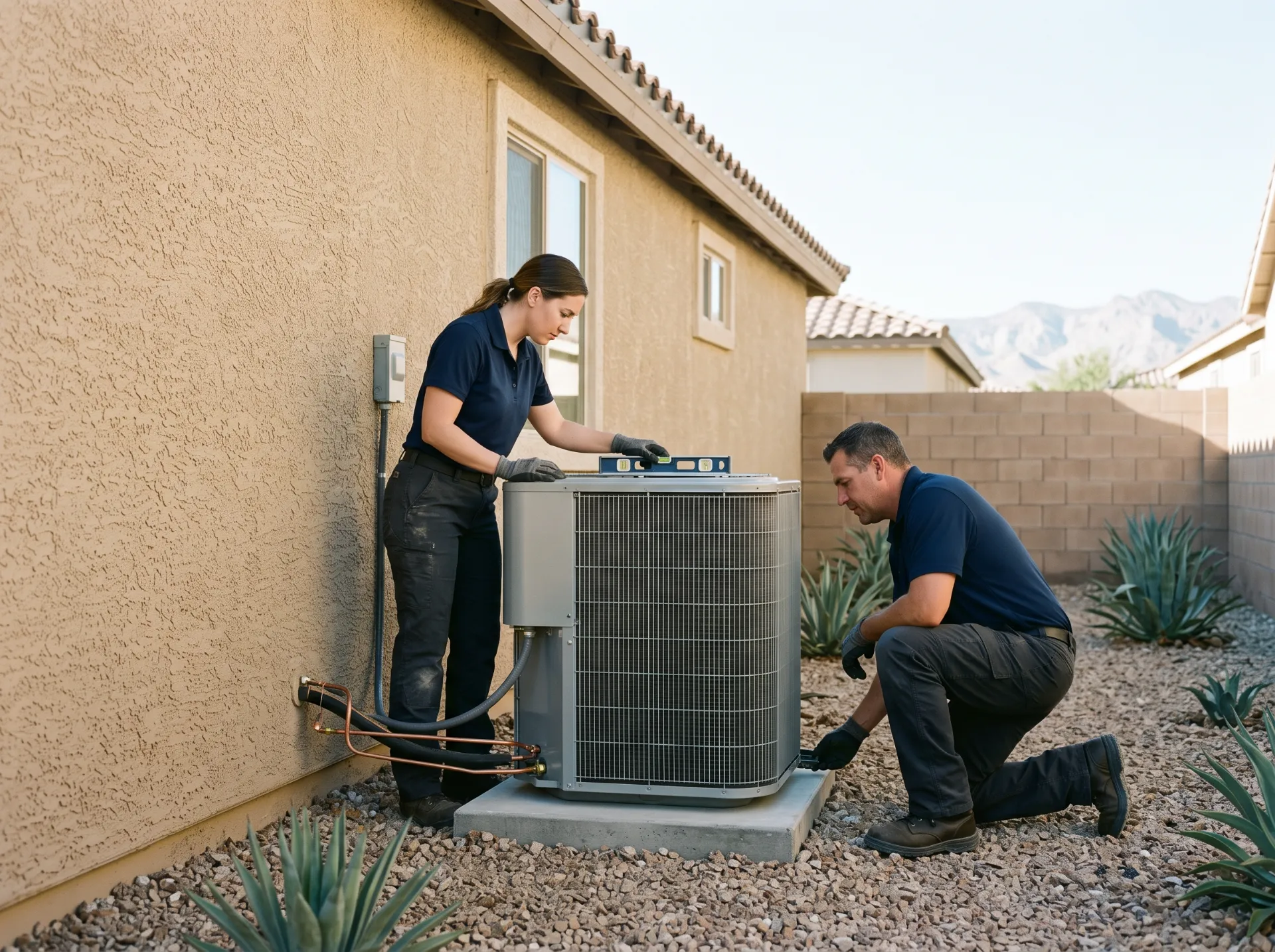 Two installers leveling a new air conditioner condenser on its pad beside a Las Vegas home