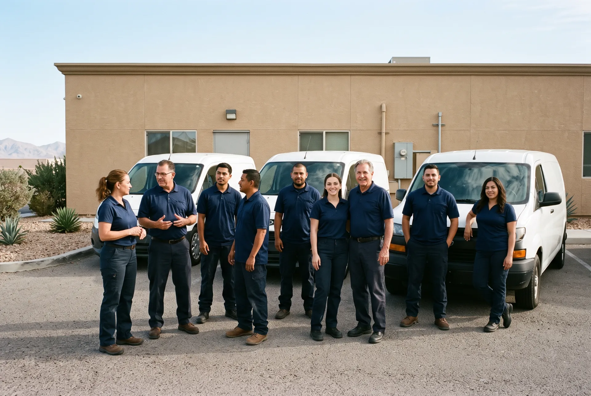 The Kestrel Heating & Air team standing in front of their service vans outside the Las Vegas shop