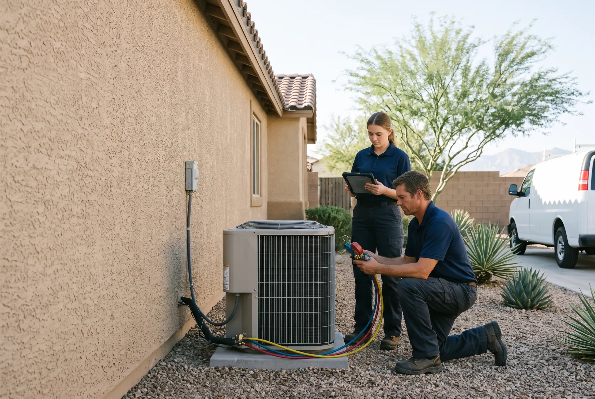 Two Kestrel Heating & Air technicians checking refrigerant pressures on a central air conditioner beside a Las Vegas home