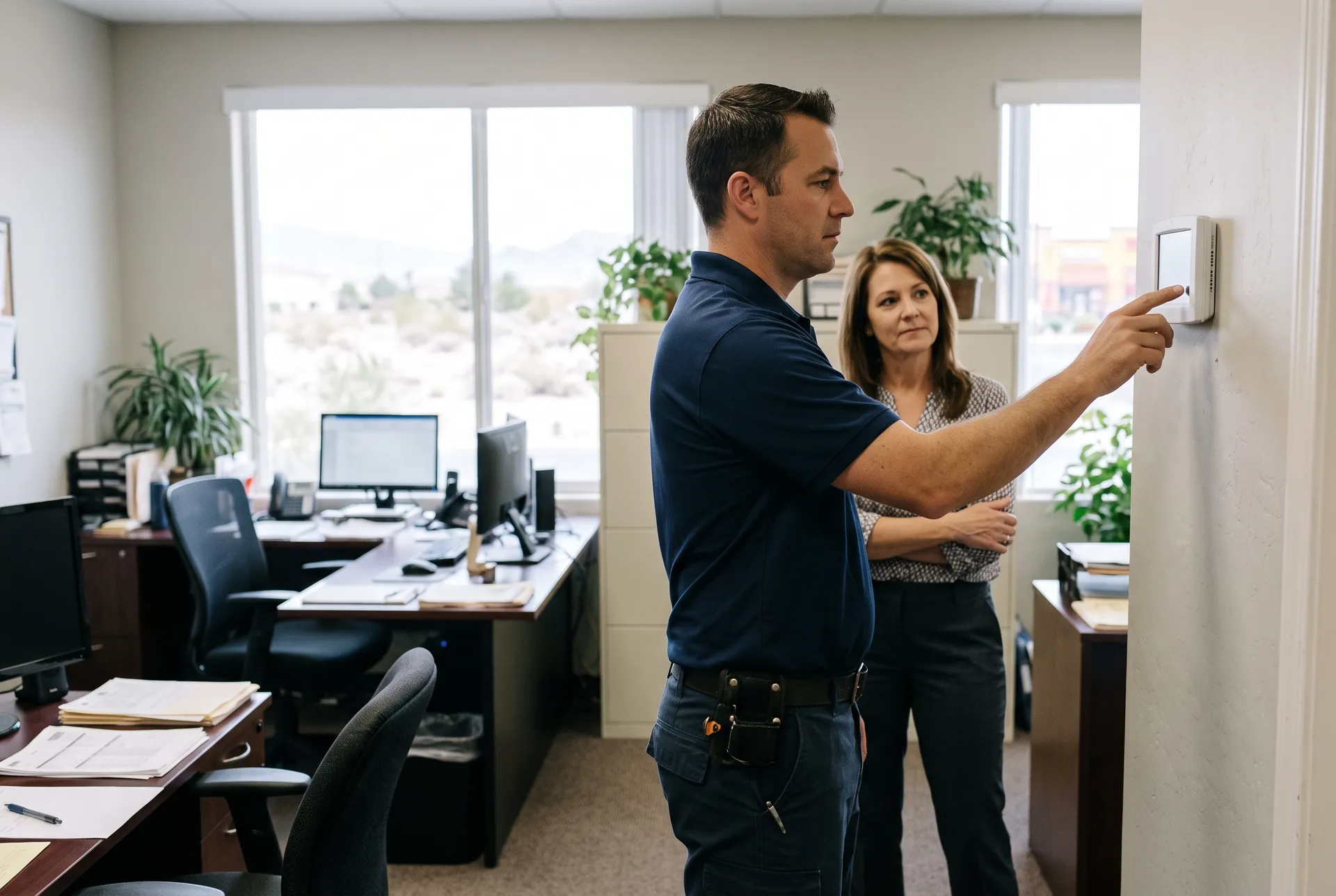 A Kestrel technician adjusts a wall thermostat in a Las Vegas office suite while the office manager watches