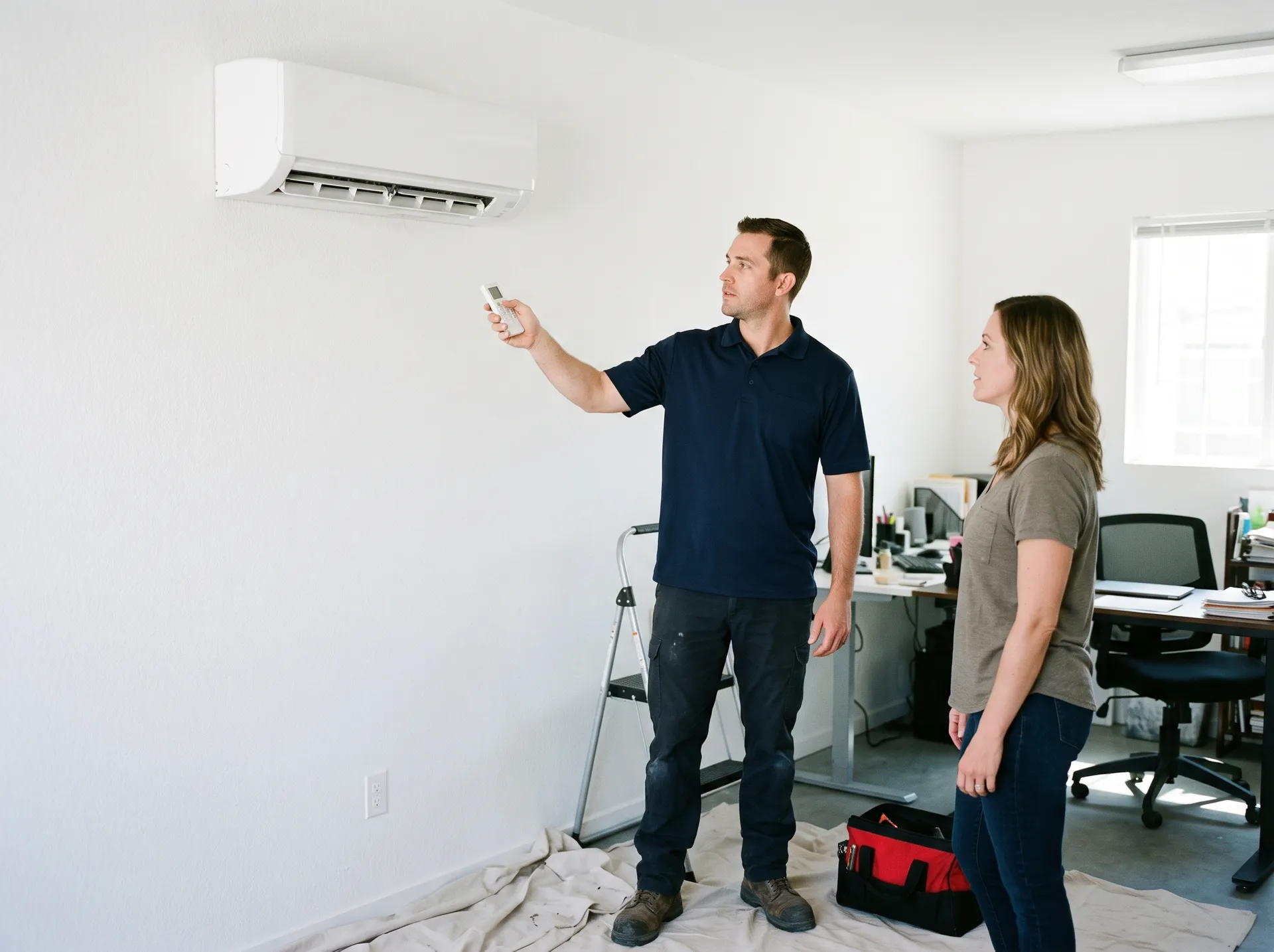Ductless mini-split indoor unit mounted on the wall of a converted garage office