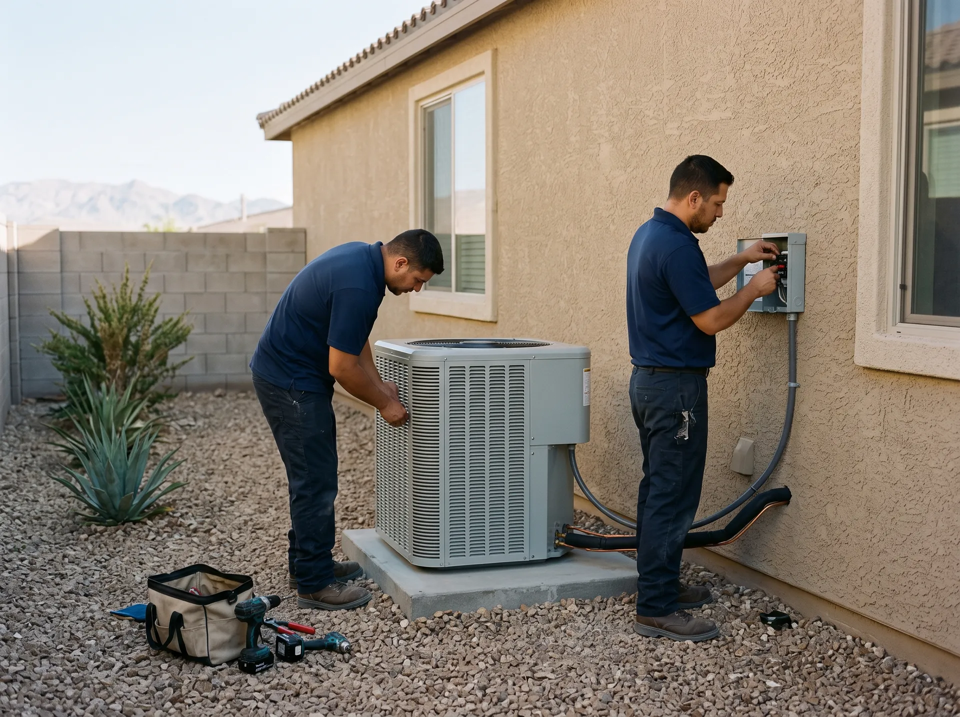 New heat pump outdoor unit on its pad beside a Spring Valley home