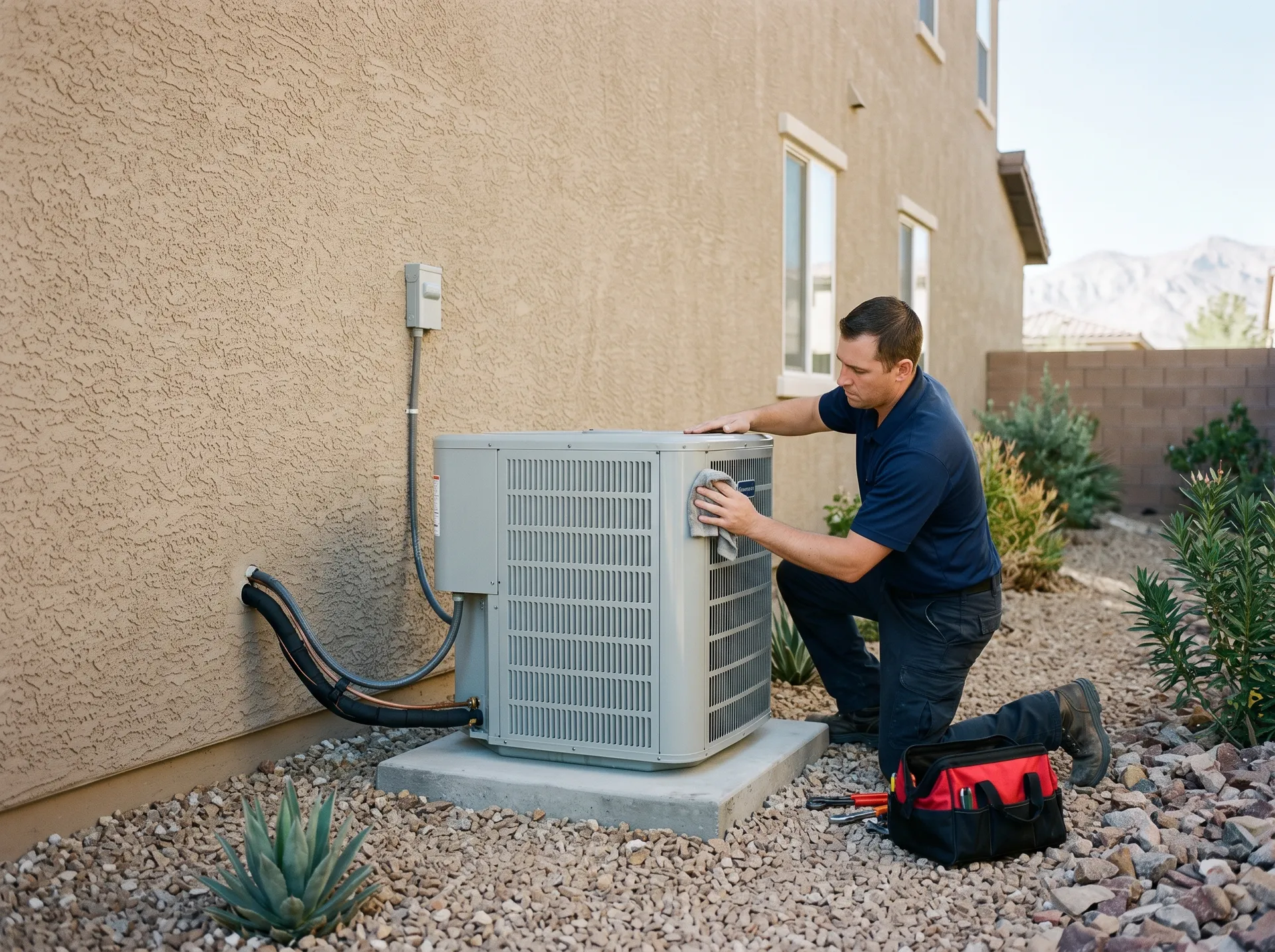 New air conditioner condenser installed beside a Summerlin home