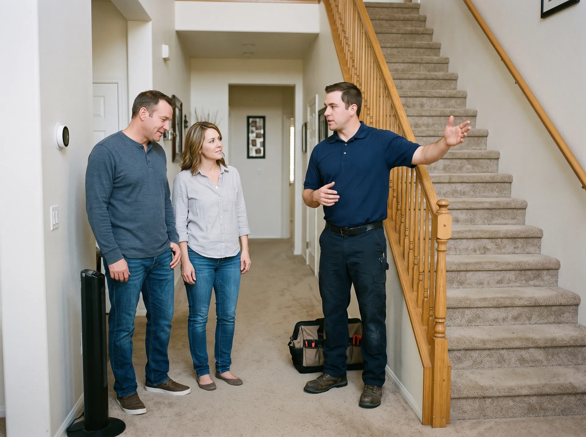 Smart thermostat on the upstairs hallway wall of a two-story home with zoned heating and cooling
