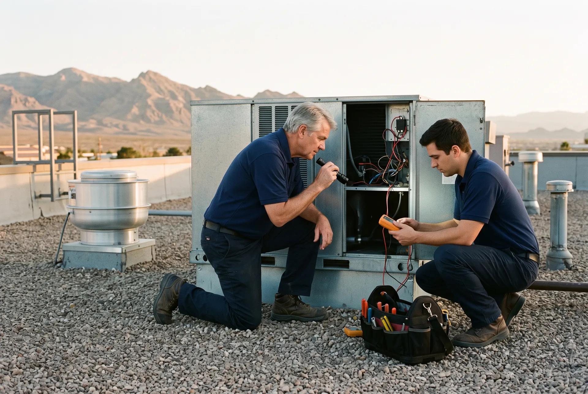 Two Kestrel technicians service a packaged rooftop air conditioning unit on a Las Vegas restaurant roof, one shining a flashlight into the open panel and one reading a meter