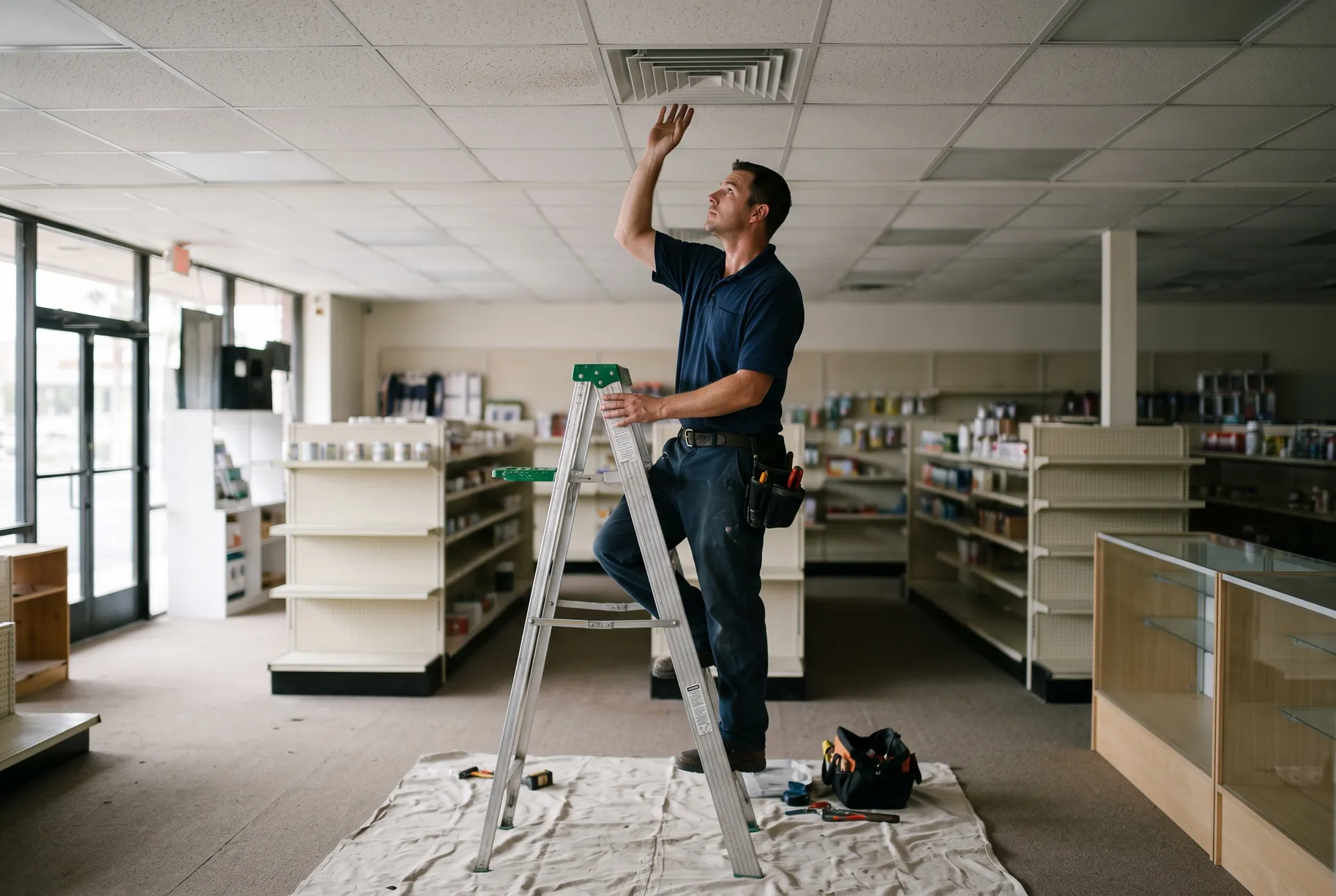 A Kestrel technician on a step ladder checks the airflow at a ceiling supply diffuser in a Las Vegas retail store before opening
