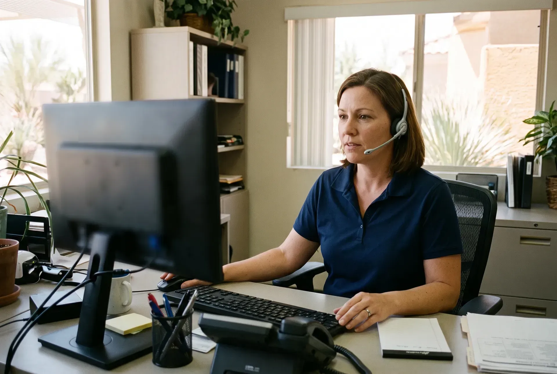 Scheduling coordinator with a headset at her desk in the Kestrel Heating & Air office