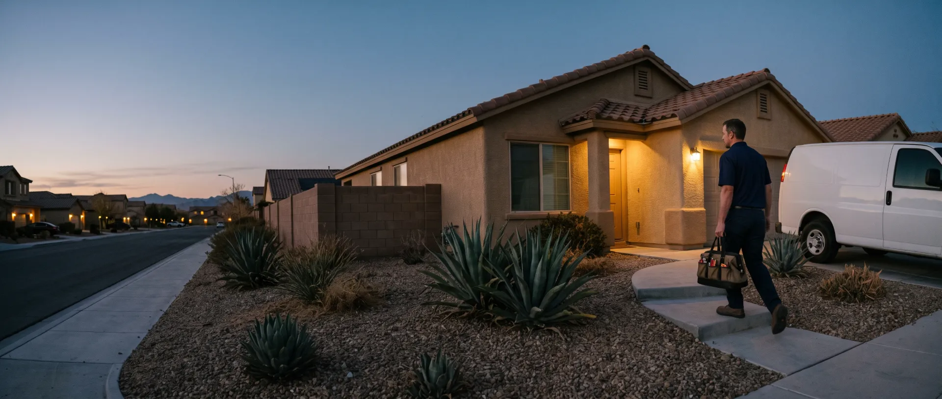 Kestrel Heating & Air technician arriving at a Las Vegas home for an evening service call