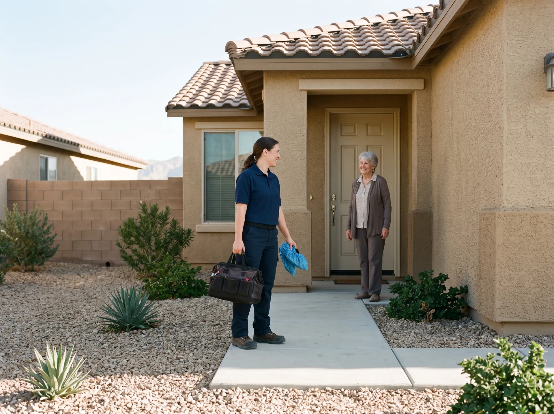 Technician greeting a homeowner at her front door before a seasonal tune-up in Las Vegas