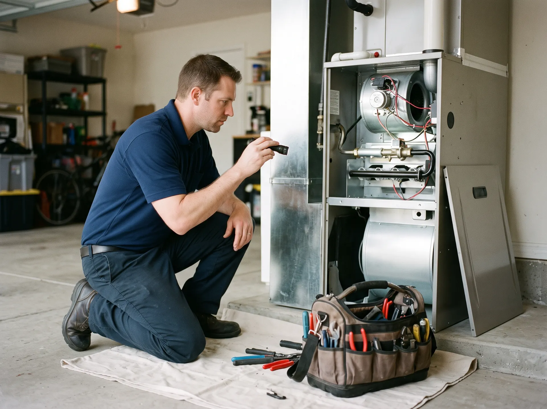 Technician inspecting the burners of a gas furnace in a Las Vegas garage with a flashlight