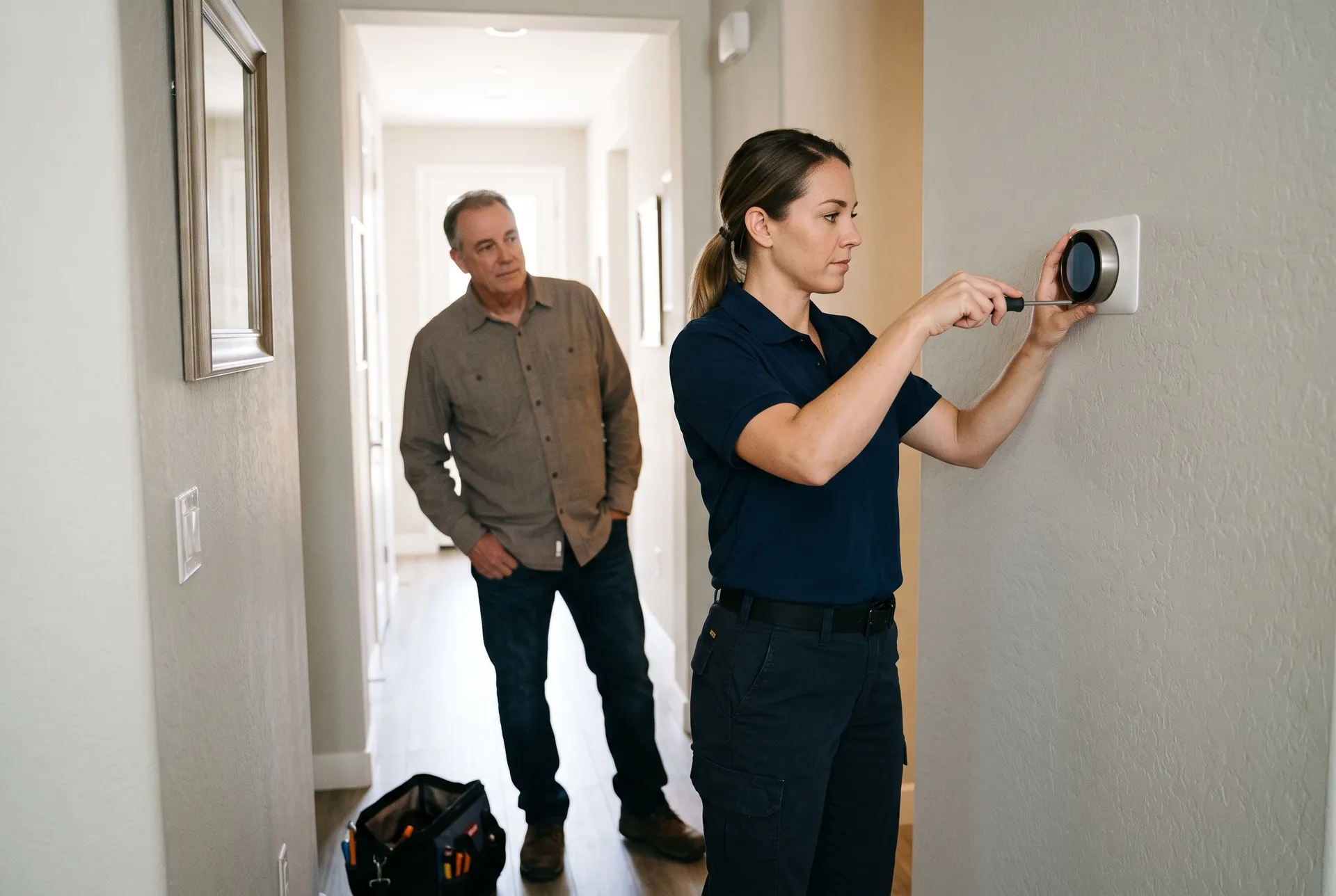 Technician fitting a smart thermostat in a hallway while the homeowner watches