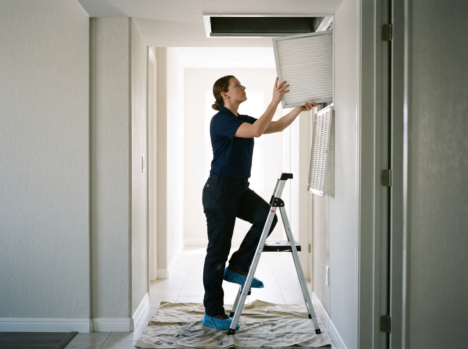 Technician in shoe covers sliding a new air filter into a ceiling return grille during a tune-up