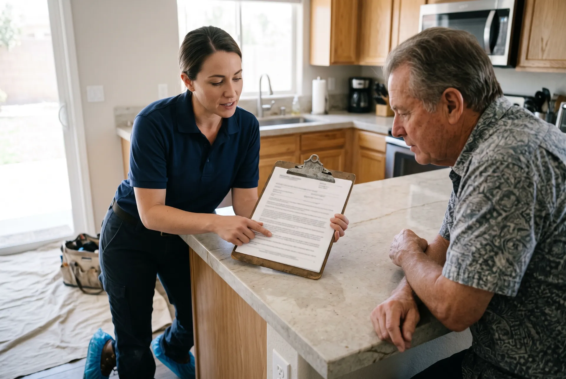 Technician in shoe covers going over a written price with a homeowner at a kitchen island