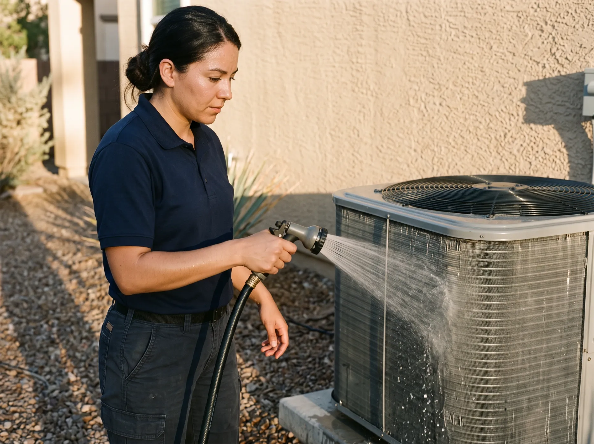 Technician rinsing the outdoor coil of a central air conditioner during an AC service visit in Las Vegas