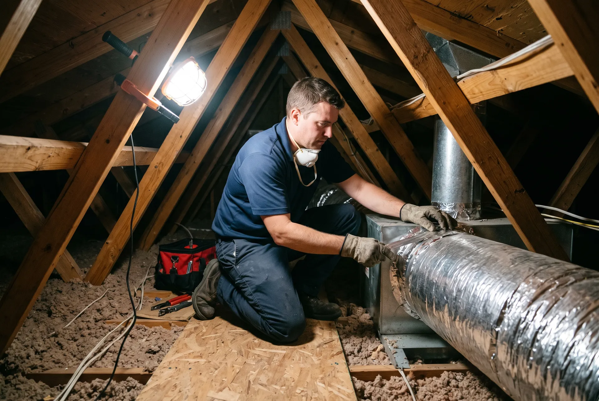 Technician sealing a flexible duct connection in a Las Vegas attic under a work light
