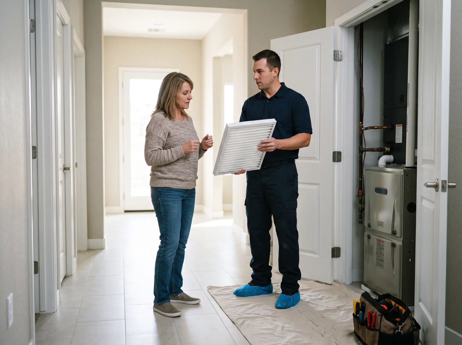 Technician showing a homeowner a deep media air filter beside the furnace closet in a Las Vegas home
