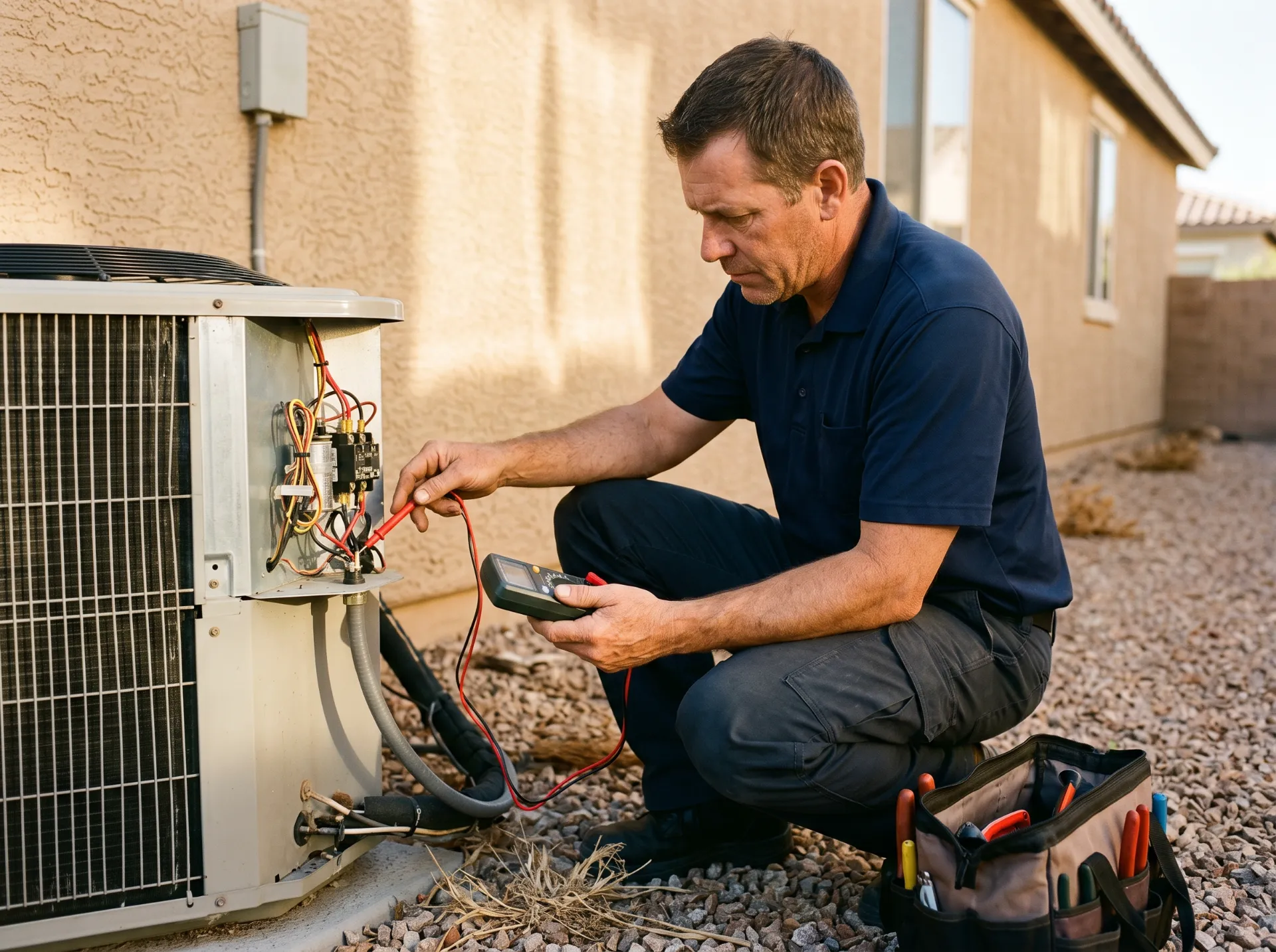 Technician testing the contactor of an outdoor air conditioner with a multimeter